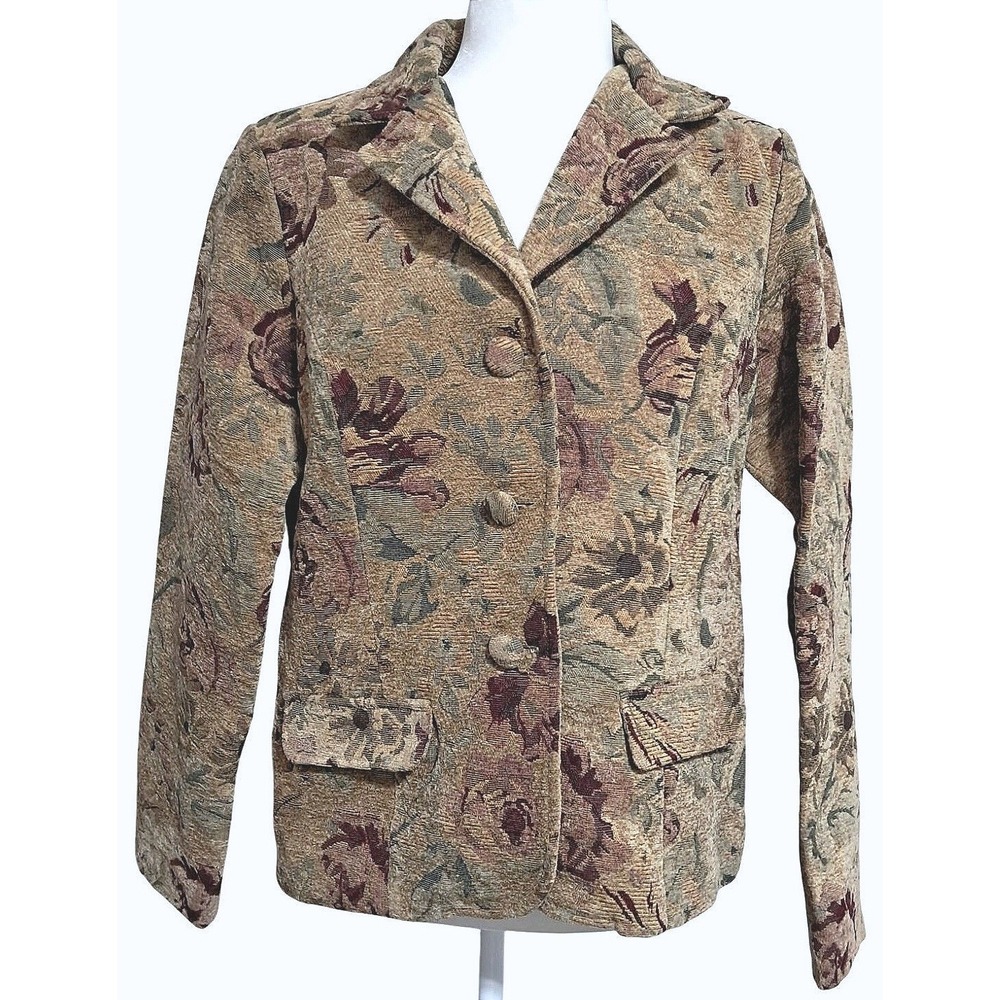 Vintage JJ Boutique Floral Tapestry Blazer Women Small‎ Tan Burgundy J-107
